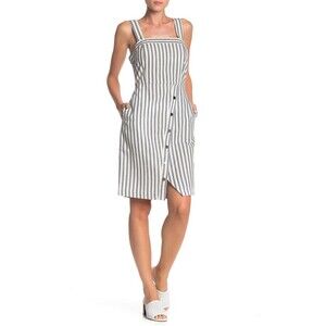 Sharagano Asymmetrical Button Detail Striped Dress In Blue/Ivory Size 12